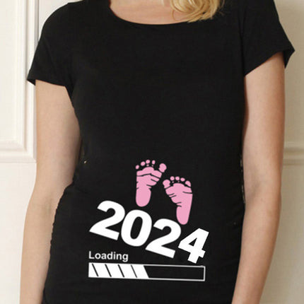 Black Pregnancy Shirt Maternity Cute Baby Print O-Neck Short