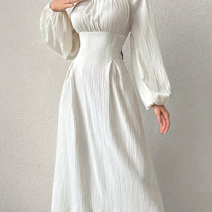 Stunning Textured Cross Tie Lantern Sleeve Midi Dress