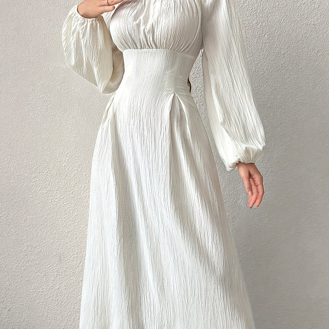 Stunning Textured Cross Tie Lantern Sleeve Midi Dress