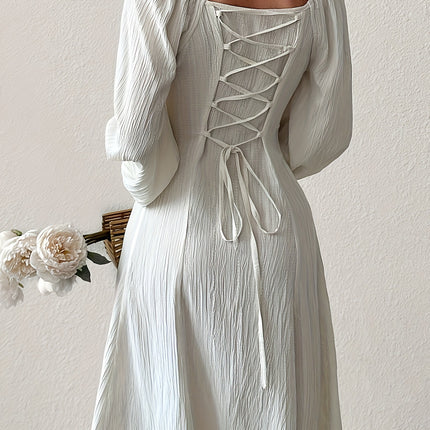 Stunning Textured Cross Tie Lantern Sleeve Midi Dress