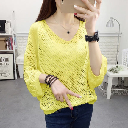 Hollow-out Short-sleeved Loose Knitted Shirt V-neck