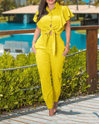 Ruffles Hem Knotted Design Plain Top & Pants Set Summer Women Two Piece Set