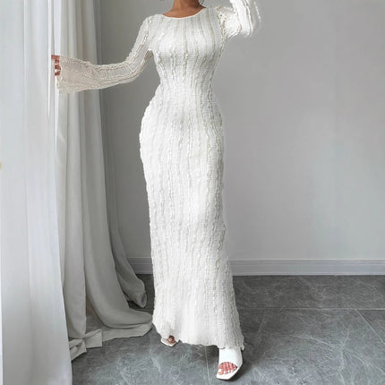 Fashionable Round-Neck Lace-Patchwork Long-Sleeve Dress