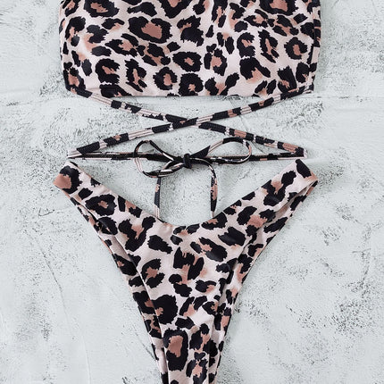 Leopard Print Bikini Bandeau Split Swimsuit