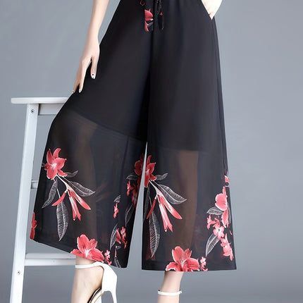910-length Plus-size Figure-flattering Womens Flowy High-waisted Chiffon Wide-leg Pants