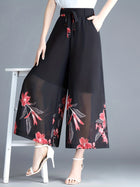 910-length Plus-size Figure-flattering Womens Flowy High-waisted Chiffon Wide-leg Pants