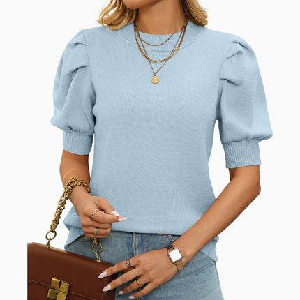 Half Turtleneck Lantern Sleeve Sweater Short Sleeve Pleated Sweater