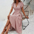 Women's Summer Floral Boho Dress Wrap V Neck Short Sleeve Ruffle A-Line Flowy Maxi Dresses