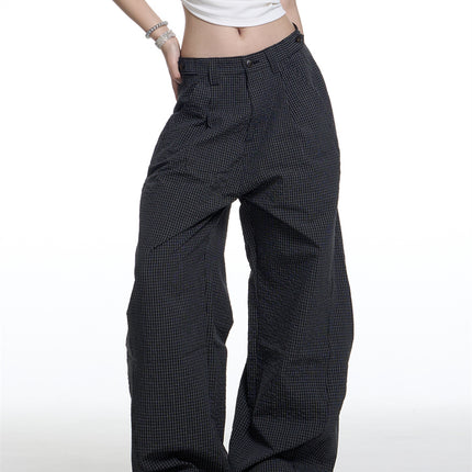 American Retro Plaid Lazy Wide Leg Machete Casual Pants For Women