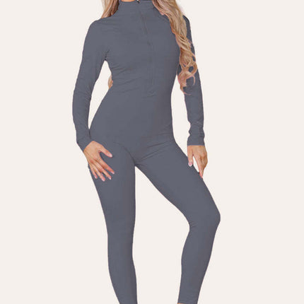 Ribbed High Neck Zipper Collar Jumpsuit Front Unitard Set