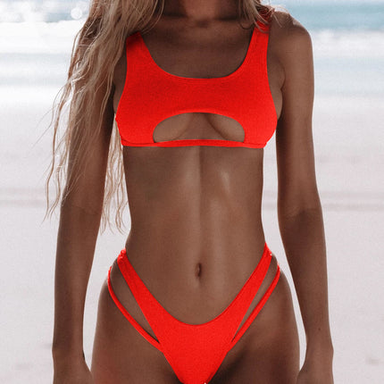 Bikini Women's Solid Color Split Swimsuit Hollow Snake Fabric Swimwear