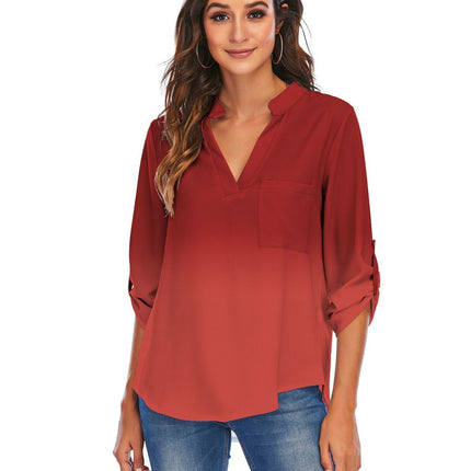 Print Gradient Blouses Women V-Neck Pockets Loose Shirts
