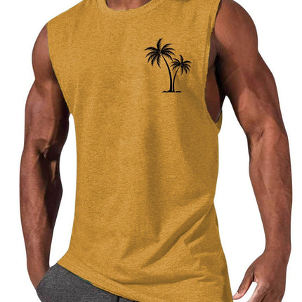 Coconut Tree Embroidery Vest Summer Beach Tank Tops Workout Muscle Men Sports Fitness T-shirt