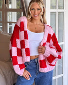 Loose Plaid Contrast Color Thick Needle Cardigan Sweater Coat