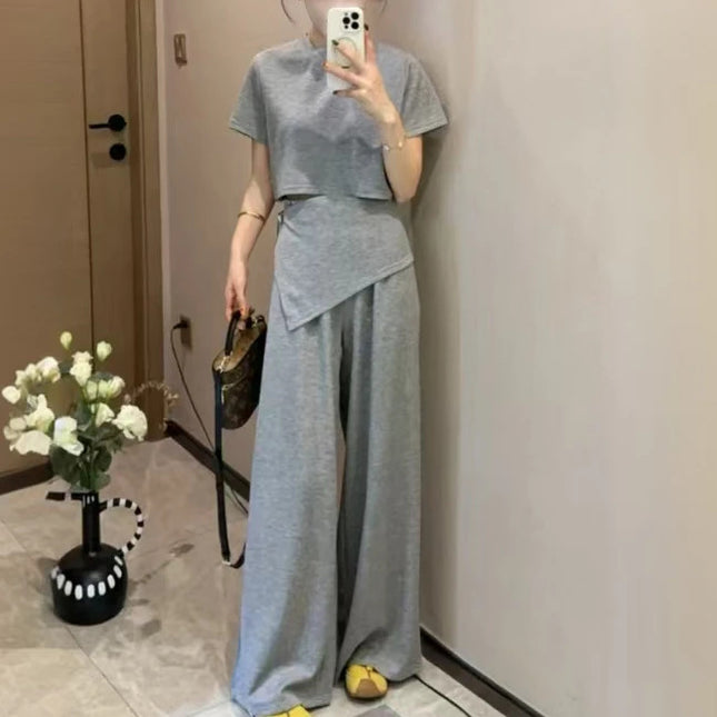 Short Sleeve Bud High Waist Wide Leg Pants Two-piece Set