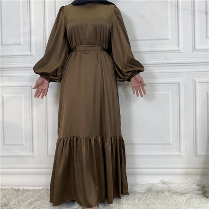 New Fashion Women's Patchwork Muslim Lace Up Solid Color Dress