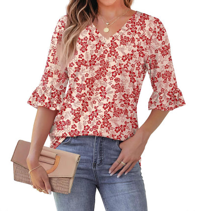 Printed Shirt V-neck Floral Flared Half Sleeve Top