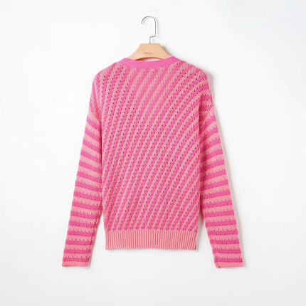 Patchwork Stripes V-neck Loose All-match Women's Cardigan Sweater