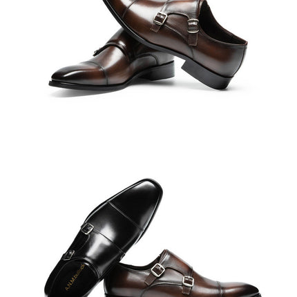 Double Buckle Design First Layer Cowhide Men's Business Leather Shoes