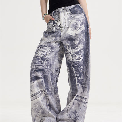 American Style Retro Washed Distressed Printed Gradient Jeans Women's Loose Straight