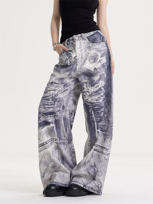 American Style Retro Washed Distressed Printed Gradient Jeans Women's Loose Straight