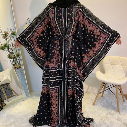 Fashion Print Elegant Loose Muslim Robe Batwing Sleeve Plus Size Women's Dress