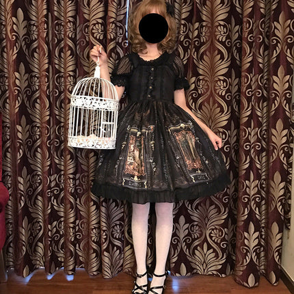 Gothic Lolita Dress Woman Vintage Kawaii Chiffon Palace Princess Party Wear Lantern Sleeve Printed Cute Cosplay Costumes