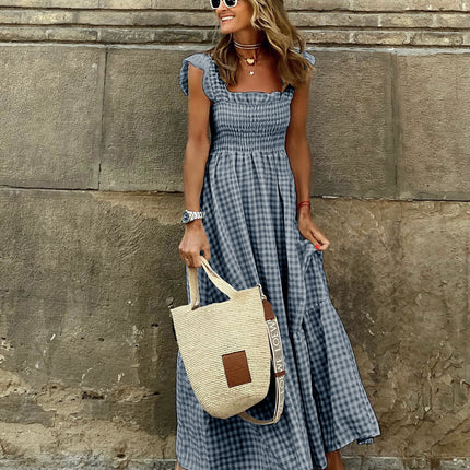 Summer Plaid Print Pleated Ruffle Dress INS Fashion Sleeveless A-line Swing Beach Dress Women's Clothing