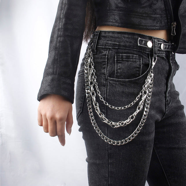 Hip Hop Fashion Pants Chain Men And Women Advanced Sense Multi Ring Silver Metal Chain Heavy Metal Industrial Style Jeans Hip-hop Accessories