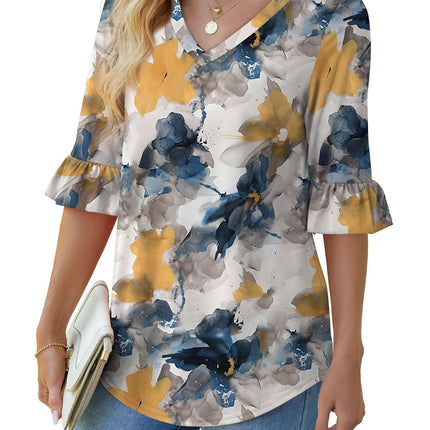 Printed Shirt V-neck Floral Flared Half Sleeve Top