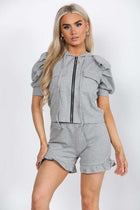 Front Pocket Zip Up Suit Ribbed Hooded Lounge Wear Short Set