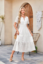 V-neck Hollow Pleated Short Sleeves Long Dress