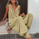 Hot Selling Button Up Hooded Sleeveless Pants In Stock, Jumpsuit With Pockets