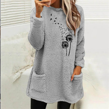 Women's Printed Round Neck Pullover Long Sleeve Pocket Double-sided Velvet Sweatshirt