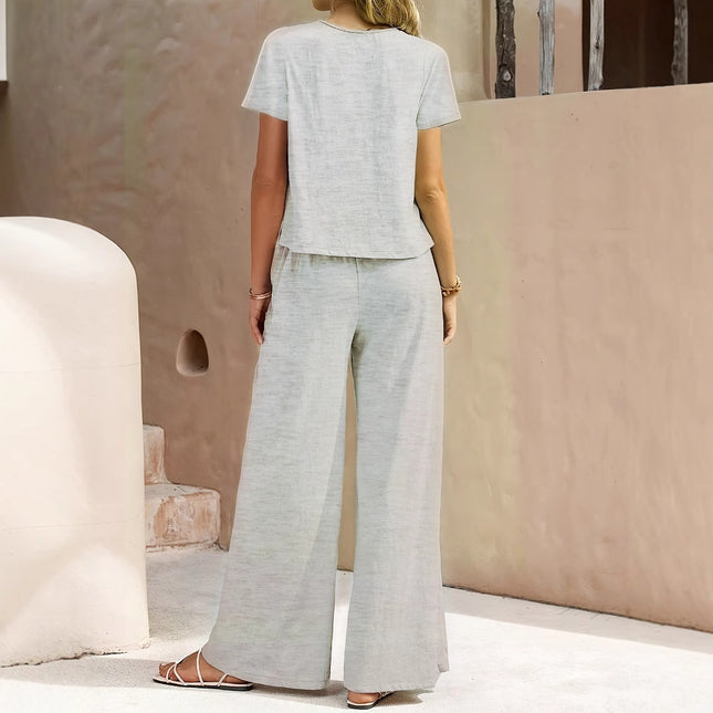 Women's Summer Fashion Solid Color Round Neck Top Paired With Casual Wide Leg Pants Set