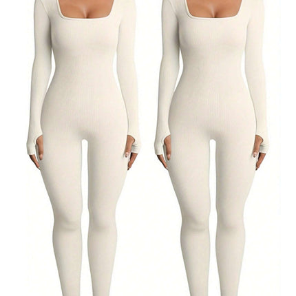 Women's Yoga Sports Fitness Jumpsuit Workout Long Sleeve Square Collar Clothing