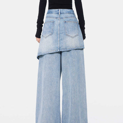 Vintage Blue Washed Fake Two-piece Jeans For Women Ripped Straight Pants