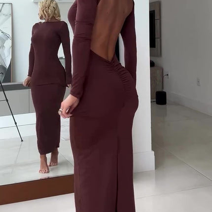 Brown Backless Long Sleeve Maxi Dress