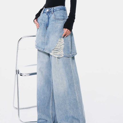 Vintage Blue Washed Fake Two-piece Jeans For Women Ripped Straight Pants