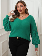 Plus Size Women's Pineapple Sleeve Stitching Deep V Woven Leisure Pullover Sweater