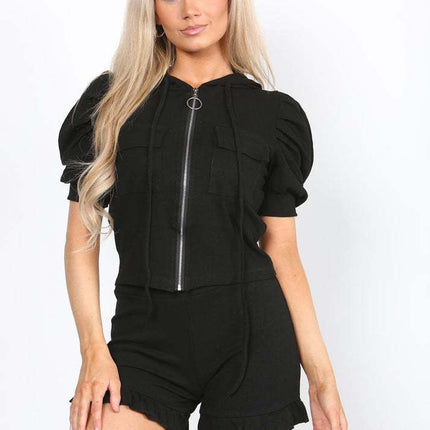 Front Pocket Zip Up Suit Ribbed Hooded Lounge Wear Short Set