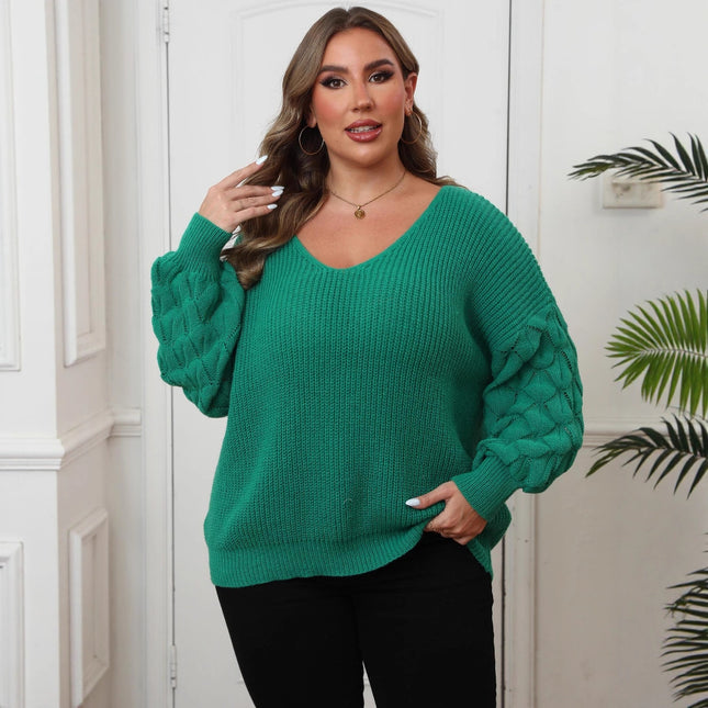 Plus Size Women's Pineapple Sleeve Stitching Deep V Woven Leisure Pullover Sweater