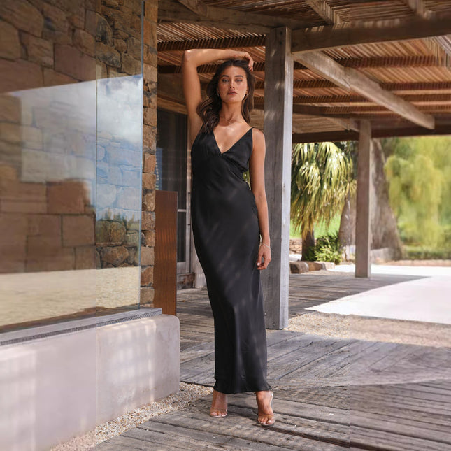 Fashion Sexy Long V-neck Sleeveless Split Backless Sling Dress