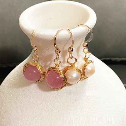 Red Agate Freshwater White Pearl Earrings