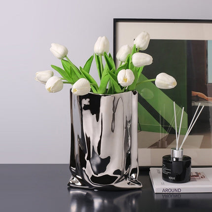 Ceramic Vase Silver-plated Simple Living Room Paper Bag Flower Arrangement