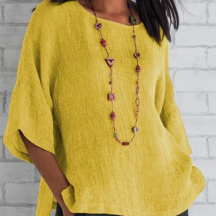 Women Fashion Casual Shirts Solid Color 3 4 Sleeve Round Neck Blouses Summer Loose Tops Streetwear