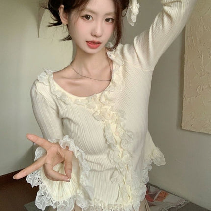 Women Lace Patchwork Black Fungus Edge Knitted Cardigan Jacket