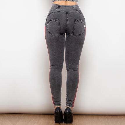 Shascullfites Melody High Waist Dark Thread Grey Jeans With Stripe Jeans Bum Lift Pants Shaping Jeggings Women Pants