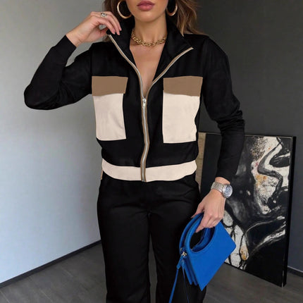 Color Matching Long Sleeve Top Elastic Waist All-matching Straight Trousers Ladies Two-piece Set