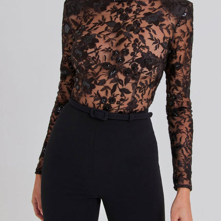Black See-through Lace Long-sleeved Trousers Jumpsuit